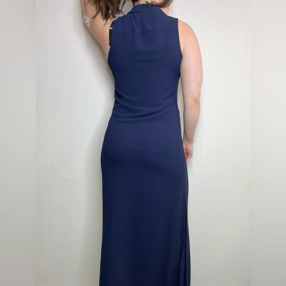 Micheal Kors Navy Sleeveless Maxi Dress With Chain Lace Up Neckline - Picture 3 of 16